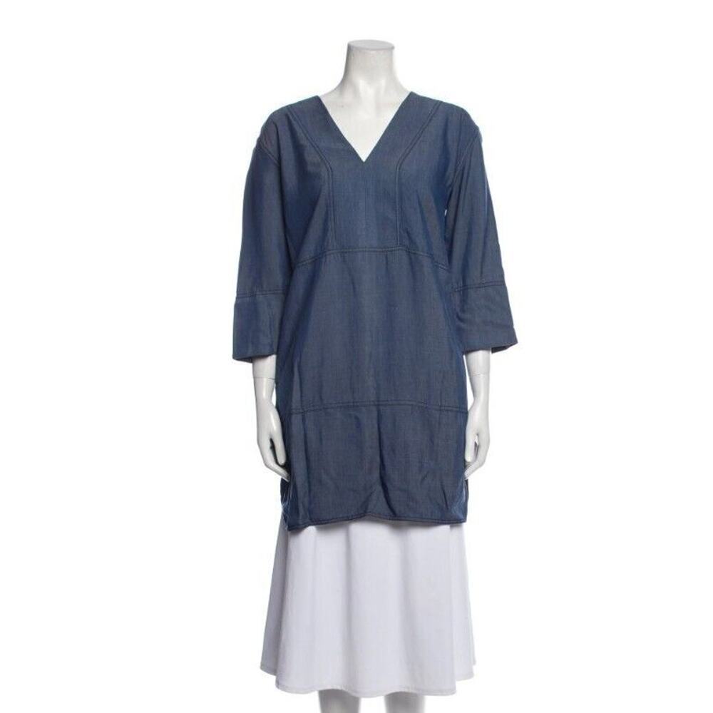 Vince S Chambray Mini Dress Blue V Neck Realxed Fit Tunic Pockets Shift - Picture 2 of 8